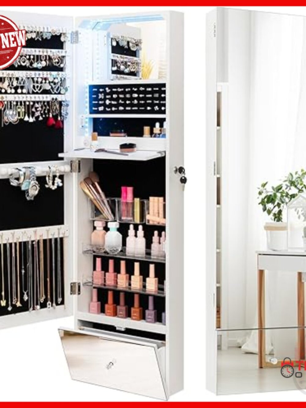 Wall Mounted Jewelry Cabinet With Full Length Mirror And Led Lights